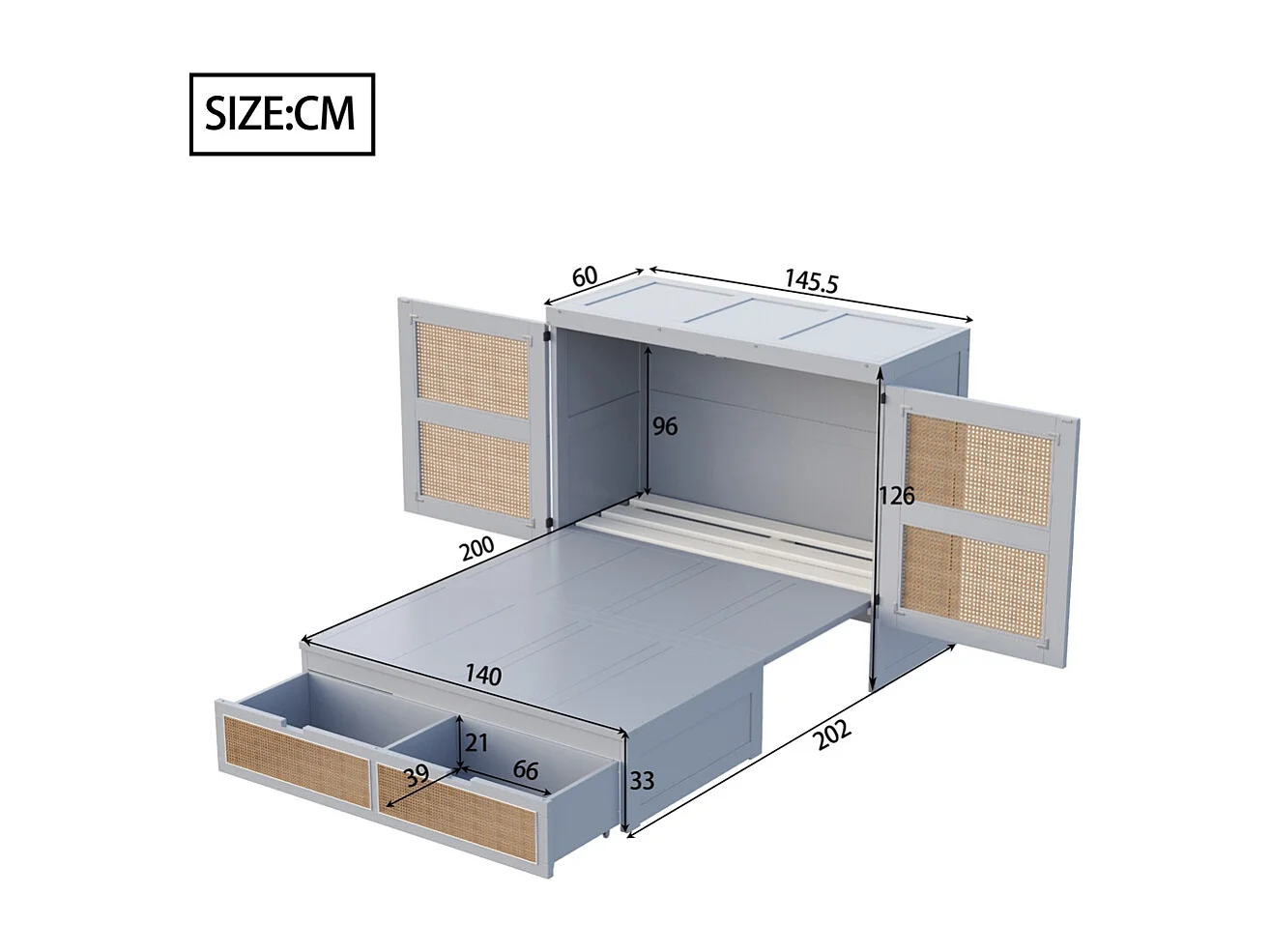 Lit escamotable 140x200 lit mural lit rabattable mural avec tiroirs de rangement design rotin gris