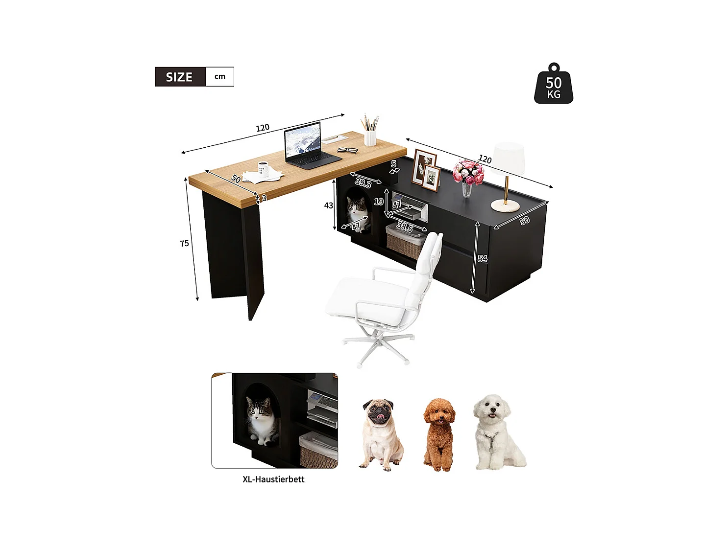 Bureau dangle niche animaux intégrée MDF plateau épais L ou droit montage flexible maison animaux XL