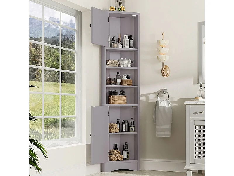 Colonne salle de bain triangulaire peinture résistante à l'humidité trois compartiments de rangement ouverts double porte étagères réglables gris