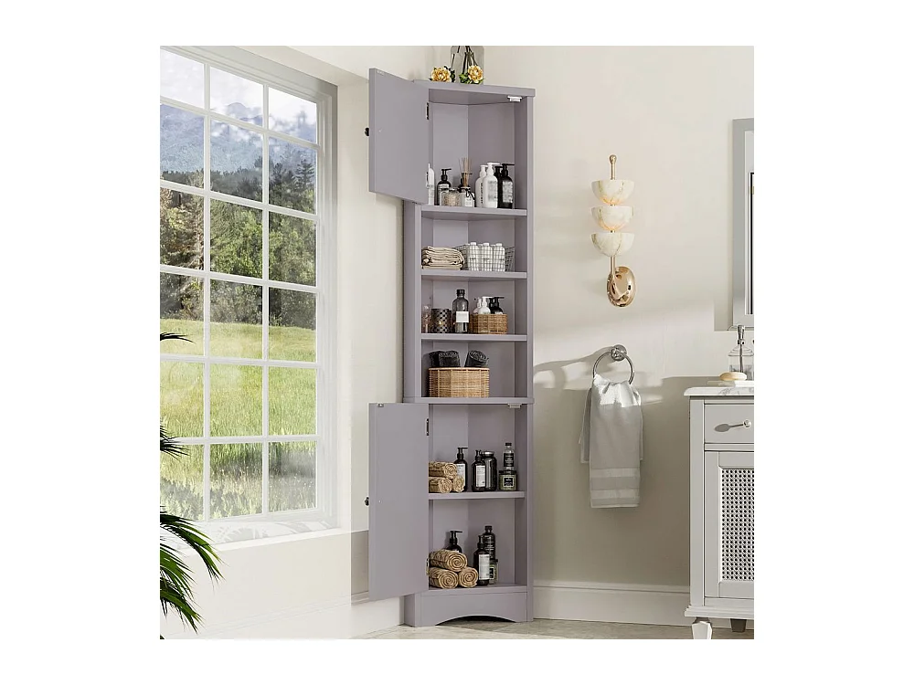 Colonne salle de bain triangulaire peinture résistante à l'humidité trois compartiments de rangement ouverts double porte étagères réglables gris