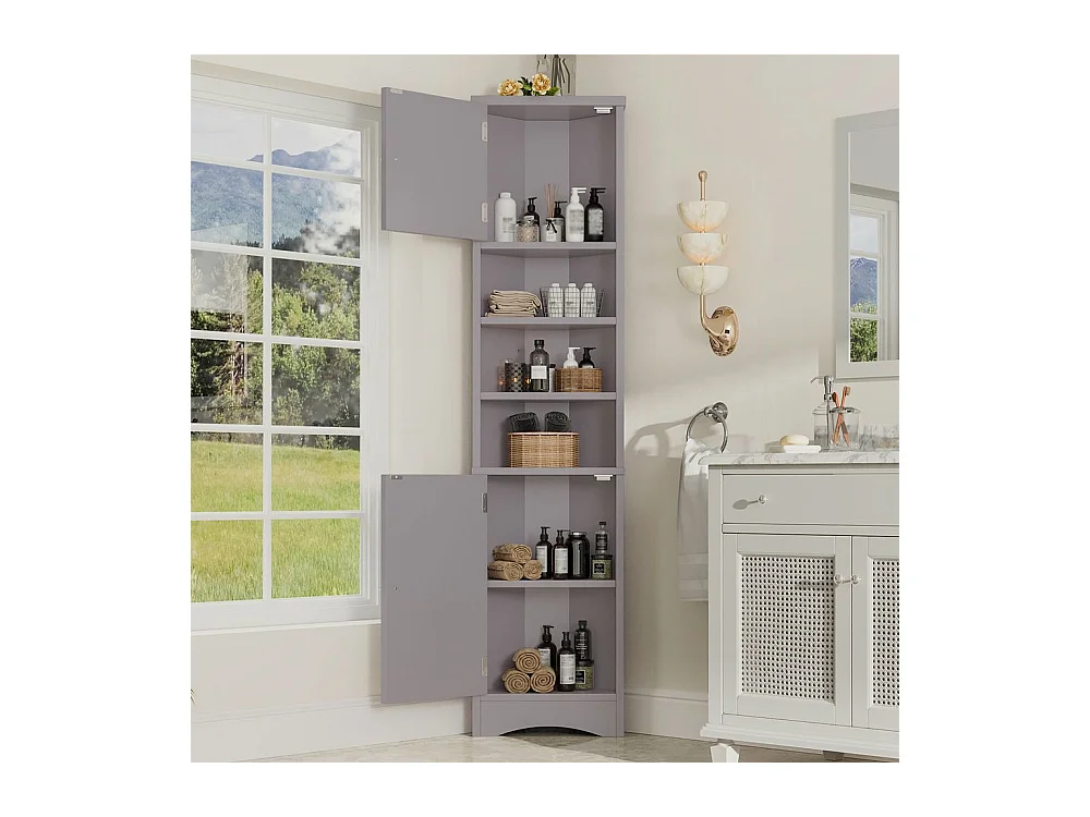 Colonne salle de bain triangulaire peinture résistante à l'humidité trois compartiments de rangement ouverts double porte étagères réglables gris