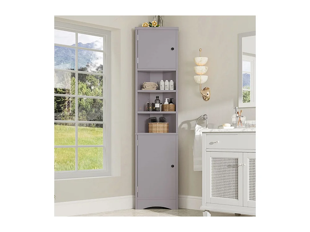 Colonne salle de bain triangulaire peinture résistante à l'humidité trois compartiments de rangement ouverts double porte étagères réglables gris