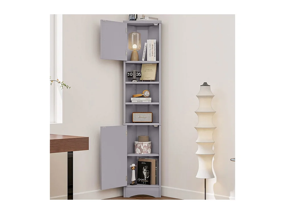 Colonne salle de bain triangulaire peinture résistante à l'humidité trois compartiments de rangement ouverts double porte étagères réglables gris