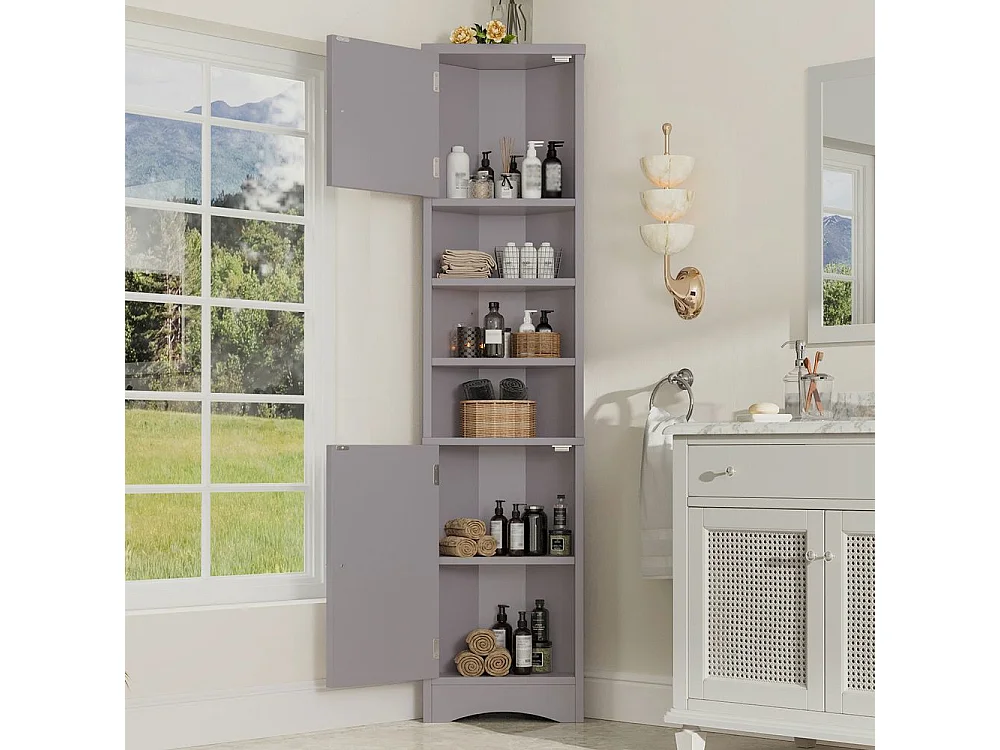 Colonne salle de bain triangulaire peinture résistante à l'humidité trois compartiments de rangement ouverts double porte étagères réglables gris