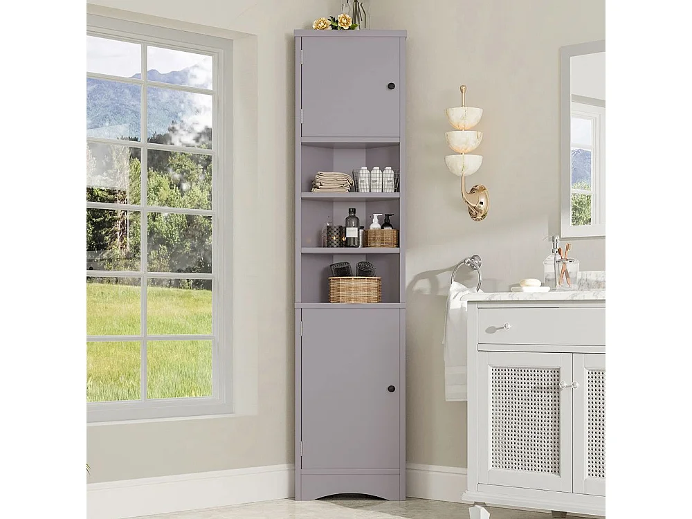 Colonne salle de bain triangulaire peinture résistante à l'humidité trois compartiments de rangement ouverts double porte étagères réglables gris