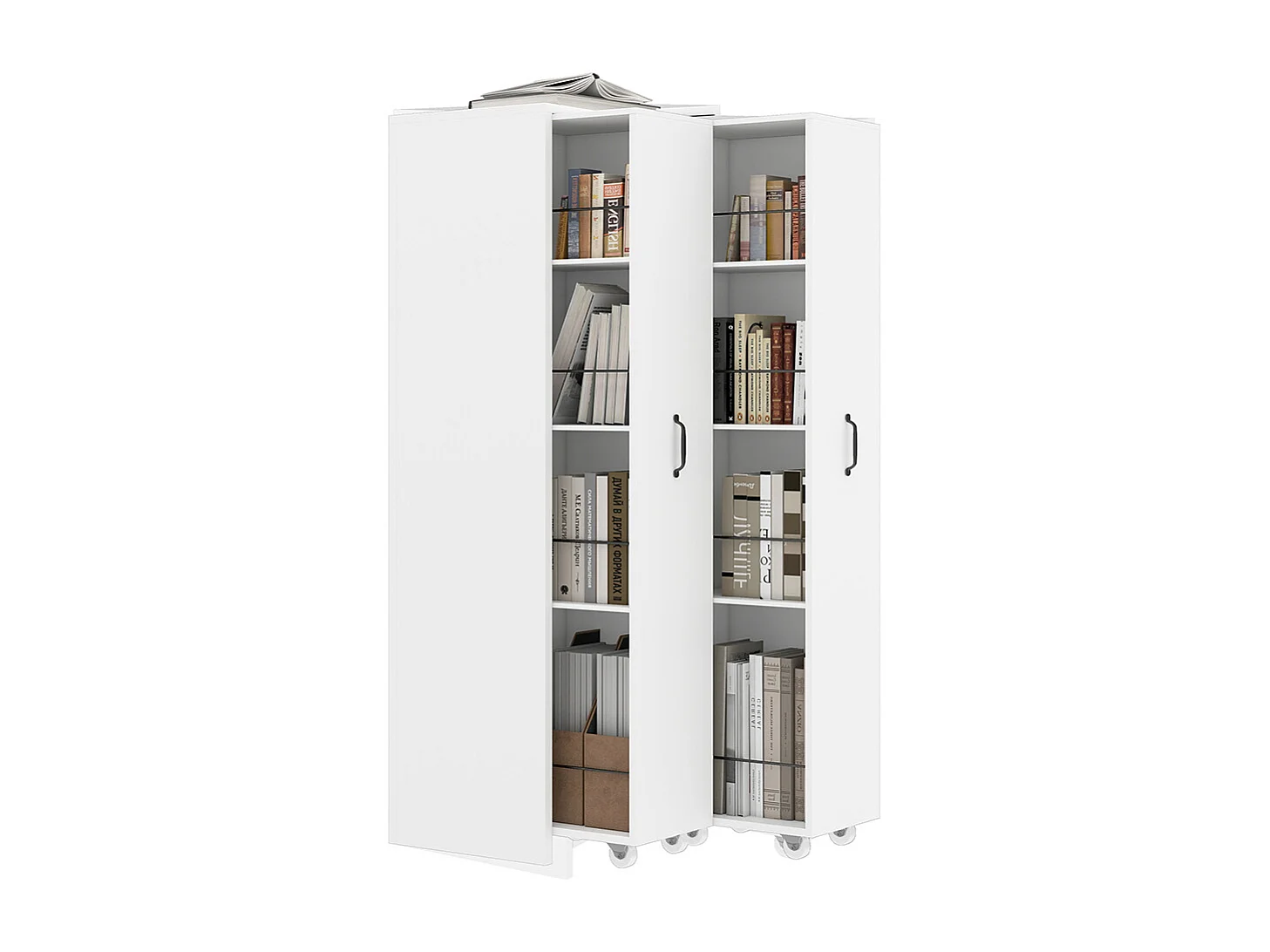 Bibliothèque extensible roulettes 4 niveaux interchangeables gauche droite MDF niveau roues silencieuses étagère blanc