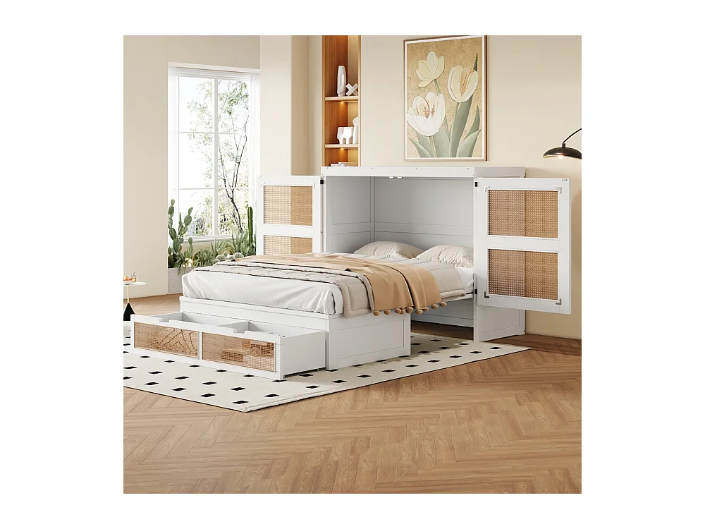 Lit escamotable 140x200 lit mural lit rabattable mural avec tiroirs de rangement design rotin blanc