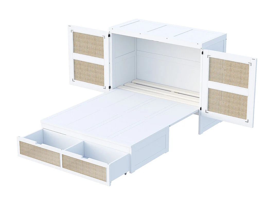 Lit escamotable 140x200 lit mural lit rabattable mural avec tiroirs de rangement design rotin blanc