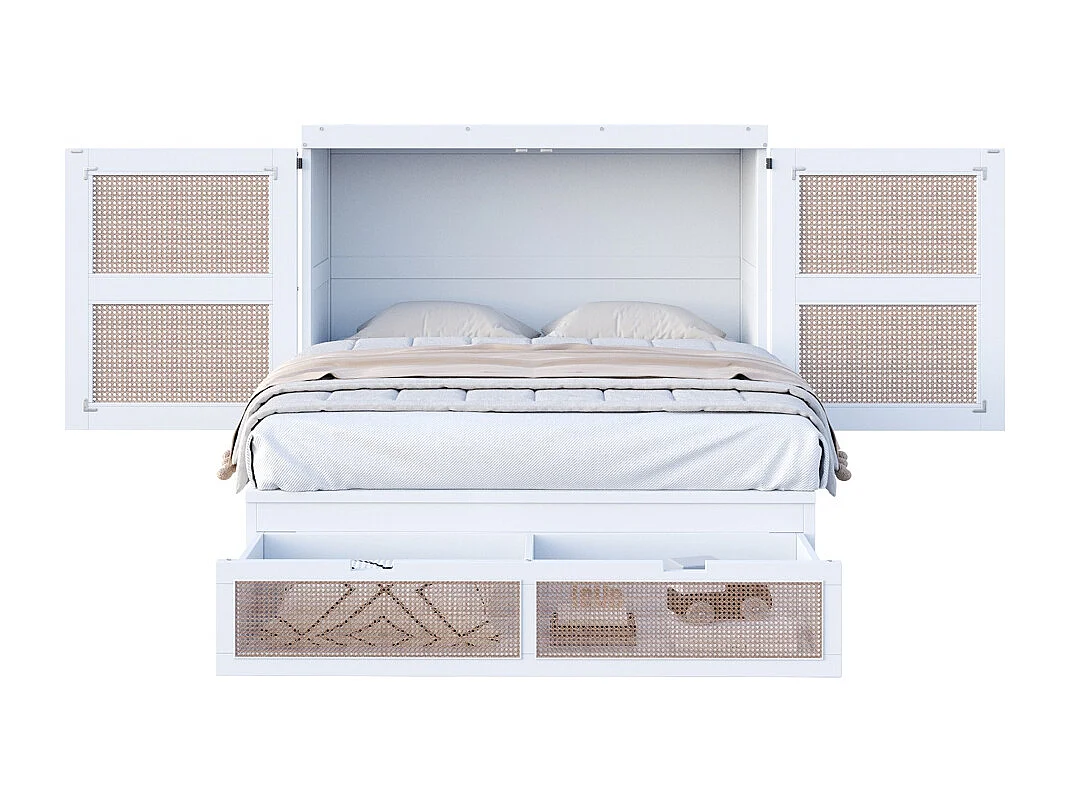 Lit escamotable 140x200 lit mural lit rabattable mural avec tiroirs de rangement design rotin blanc