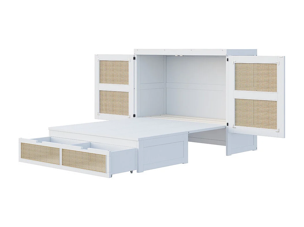 Lit escamotable 140x200 lit mural lit rabattable mural avec tiroirs de rangement design rotin blanc