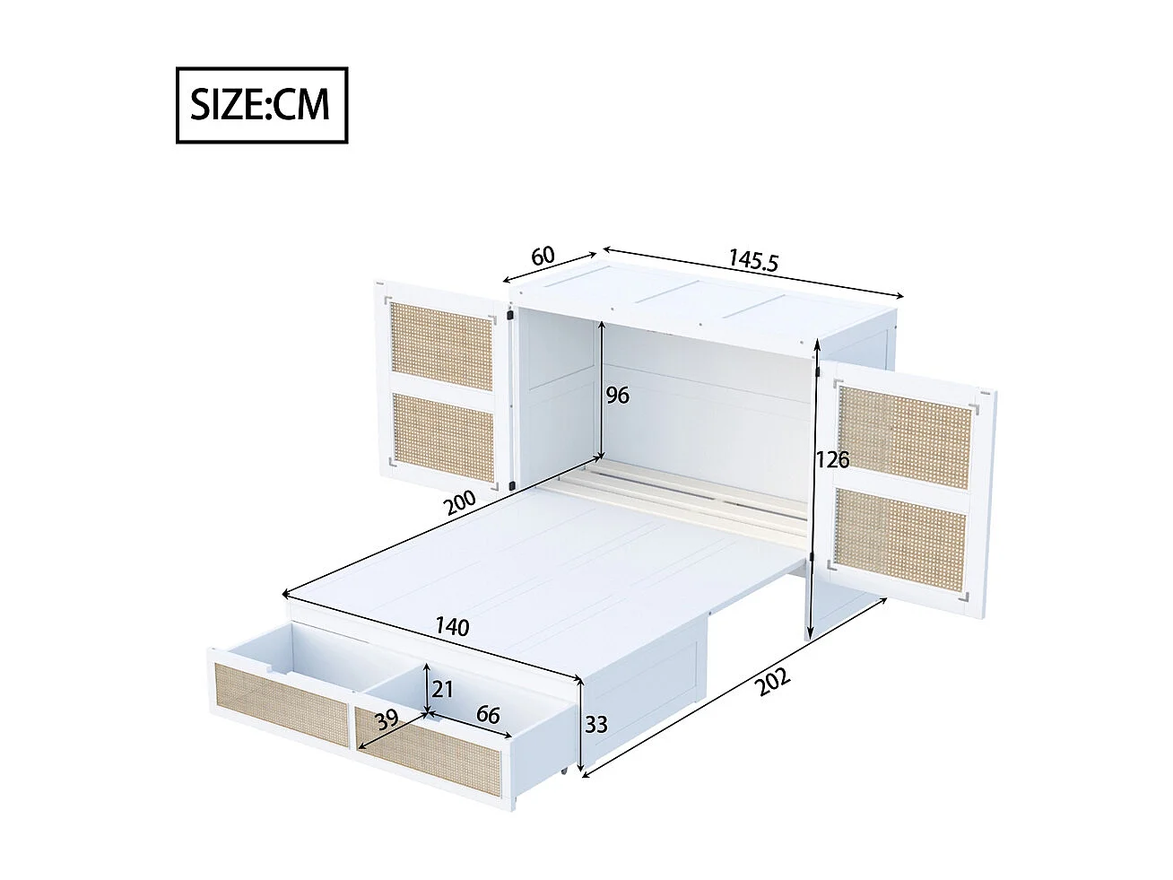 Lit escamotable 140x200 lit mural lit rabattable mural avec tiroirs de rangement design rotin blanc