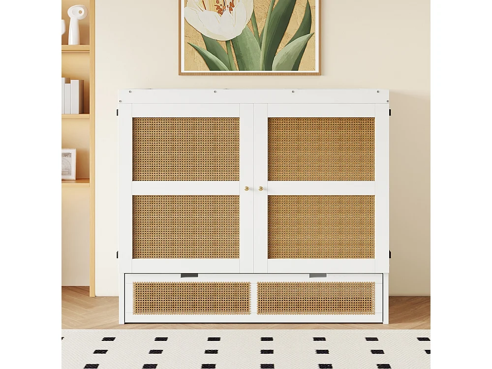 Lit escamotable 140x200 lit mural lit rabattable mural avec tiroirs de rangement design rotin blanc