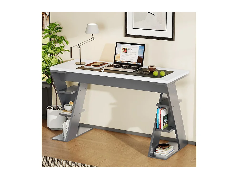 Bureau avec support en X étagère de rangement à six positions design assorti en gris et blanc