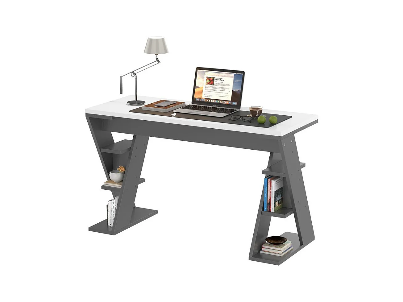 Bureau avec support en X étagère de rangement à six positions design assorti en gris et blanc
