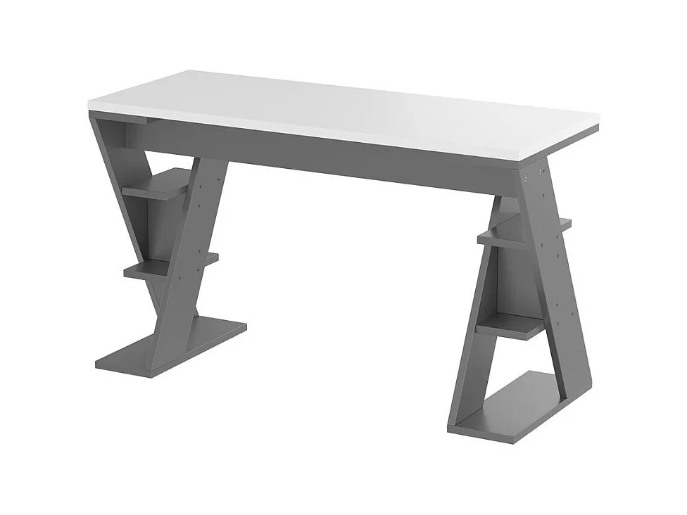 Bureau avec support en X étagère de rangement à six positions design assorti en gris et blanc