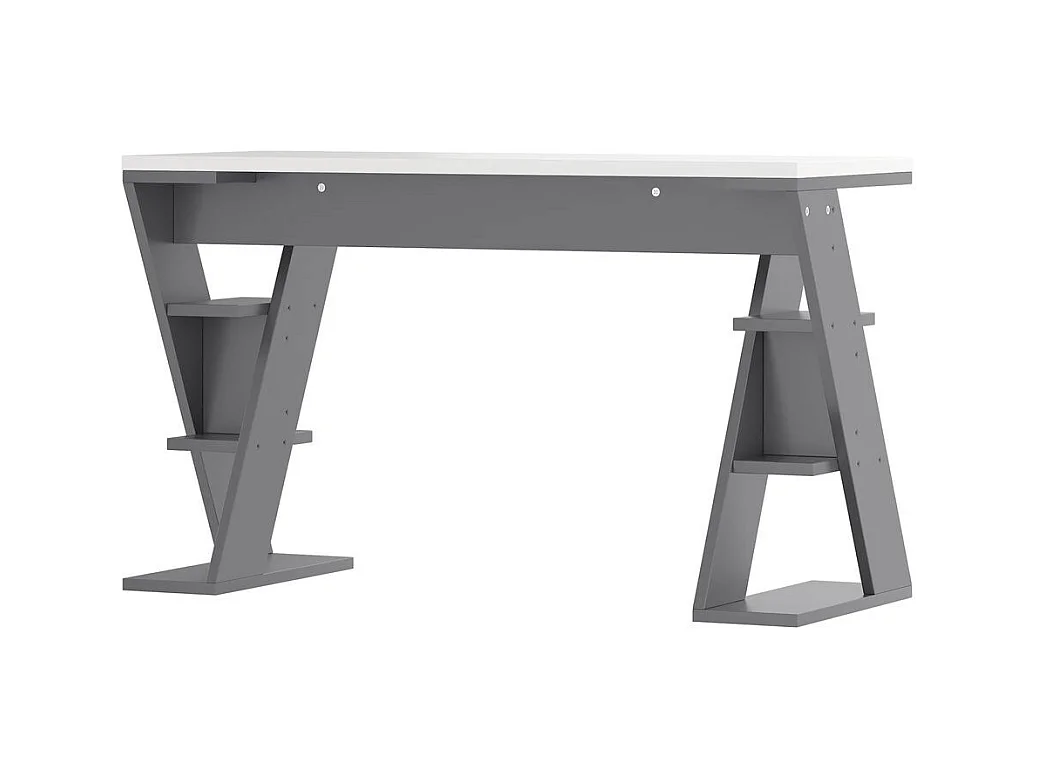 Bureau avec support en X étagère de rangement à six positions design assorti en gris et blanc