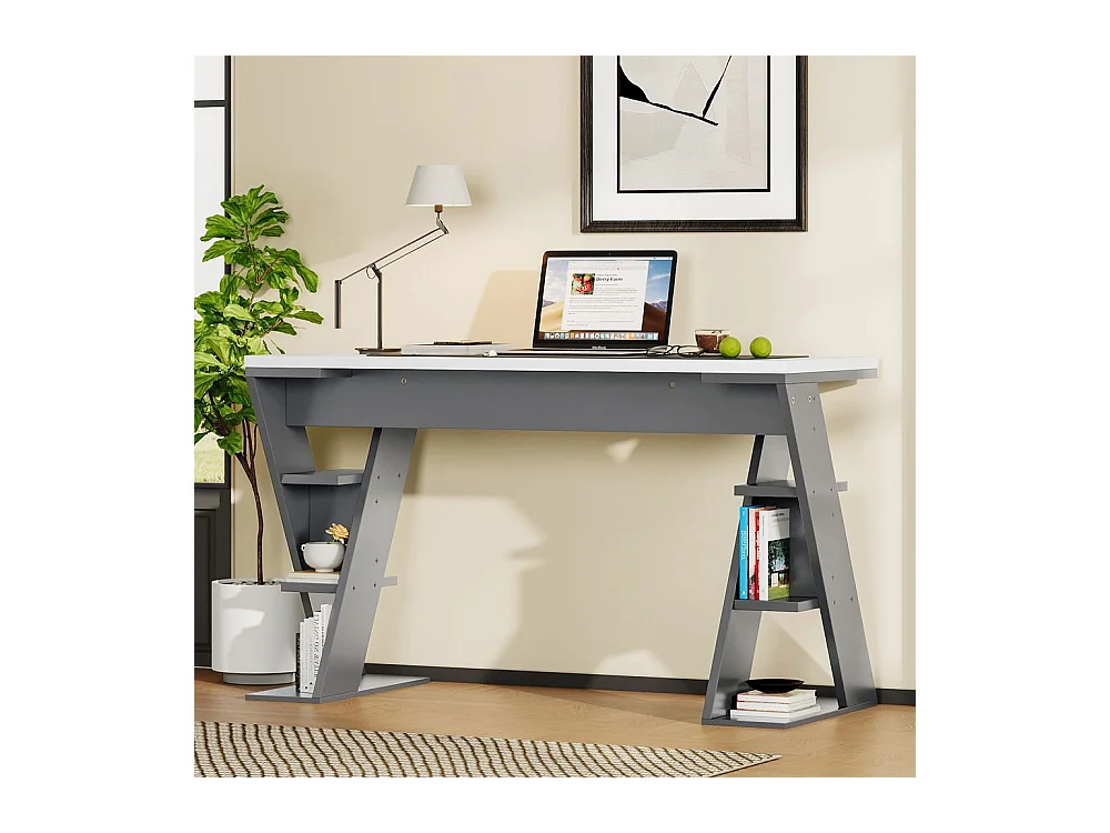 Bureau avec support en X étagère de rangement à six positions design assorti en gris et blanc