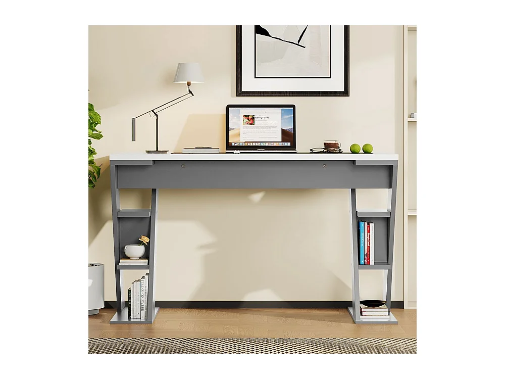 Bureau avec support en X étagère de rangement à six positions design assorti en gris et blanc