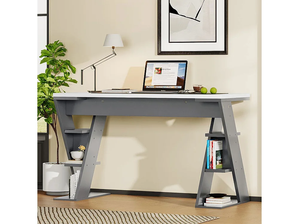 Bureau avec support en X étagère de rangement à six positions design assorti en gris et blanc
