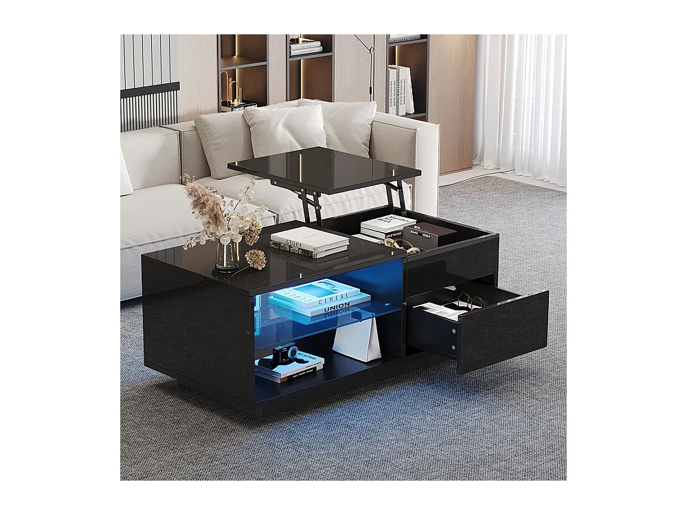 Table basse réglable LED brillante verre trempé tiroir rangement caché convertible