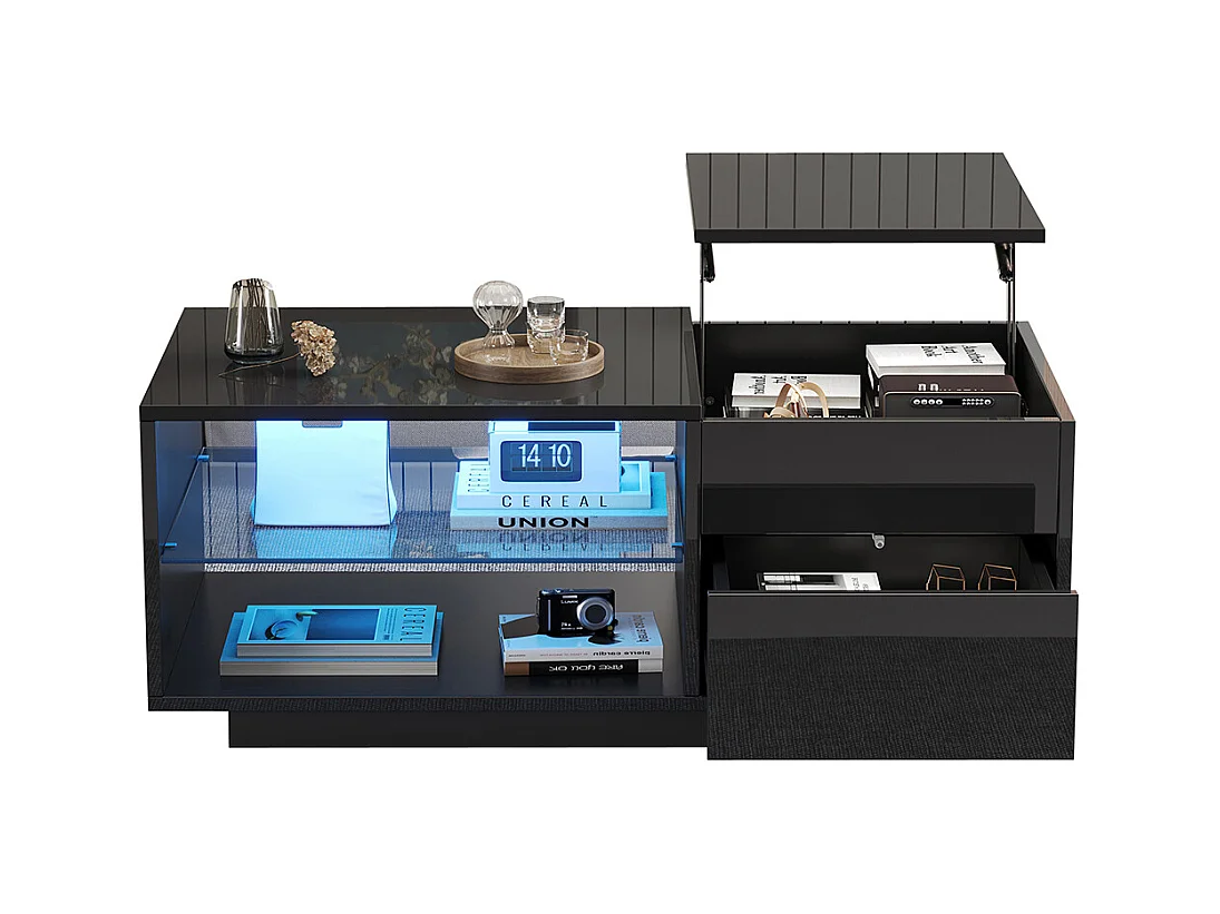 Table basse réglable LED brillante verre trempé tiroir rangement caché convertible