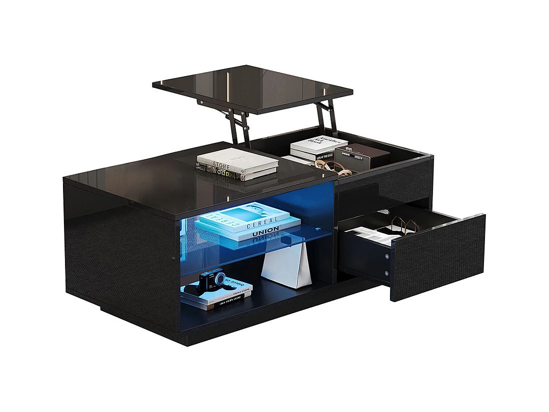 Table basse réglable LED brillante verre trempé tiroir rangement caché convertible