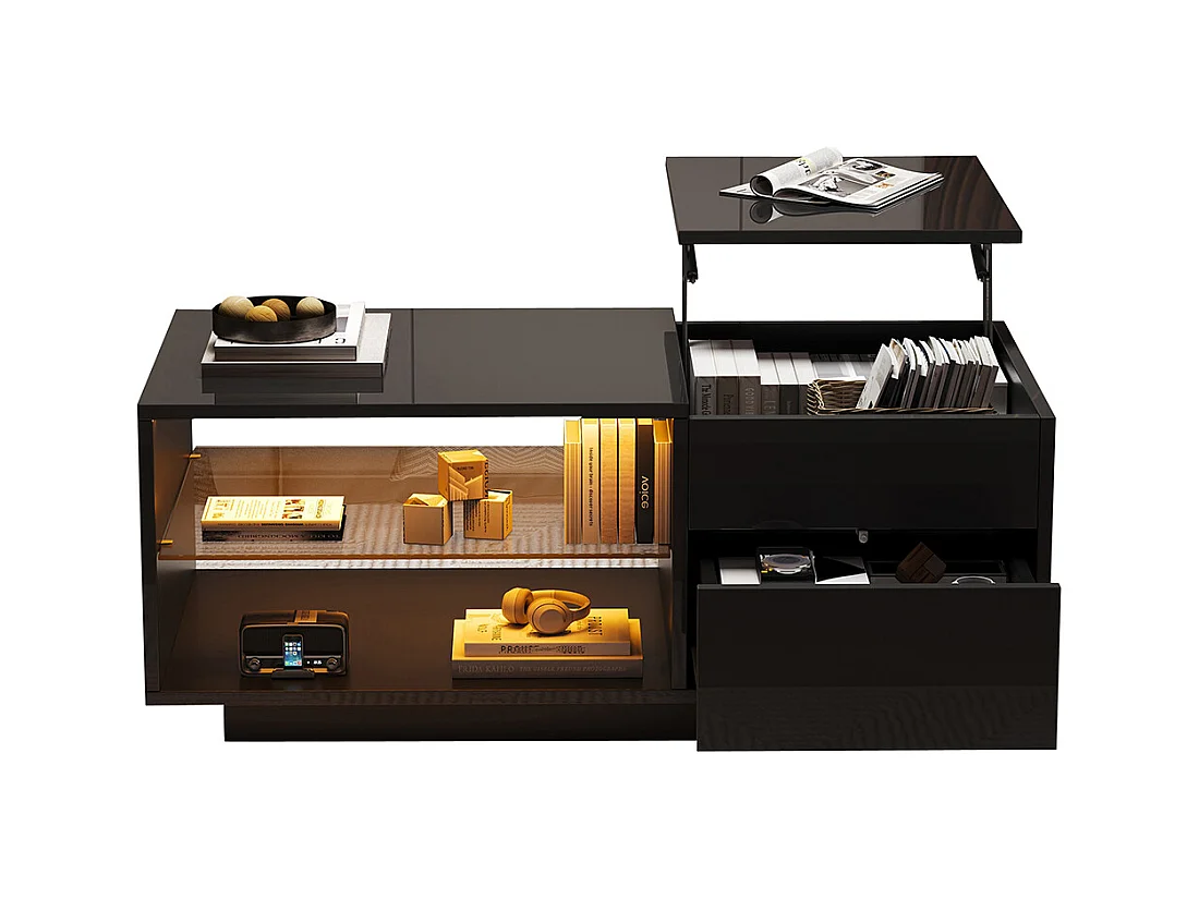 Table basse réglable LED brillante verre trempé tiroir rangement caché convertible