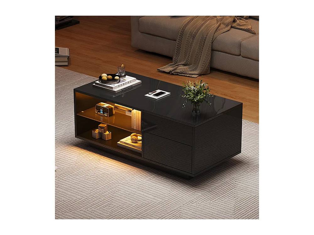 Table basse réglable LED brillante verre trempé tiroir rangement caché convertible