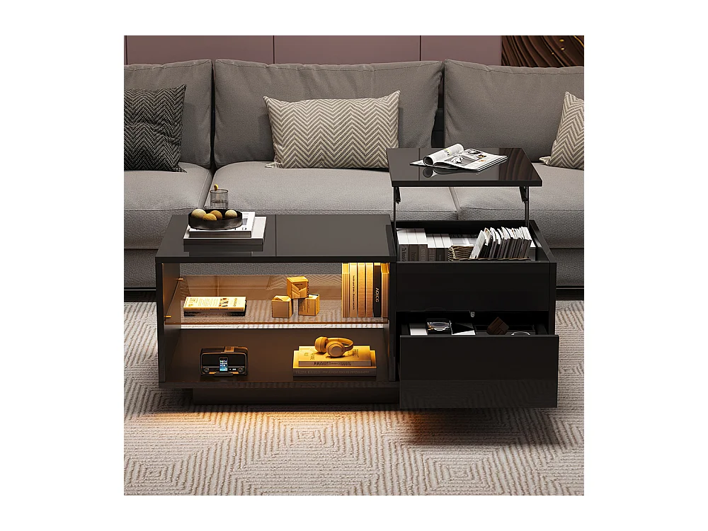 Table basse réglable LED brillante verre trempé tiroir rangement caché convertible