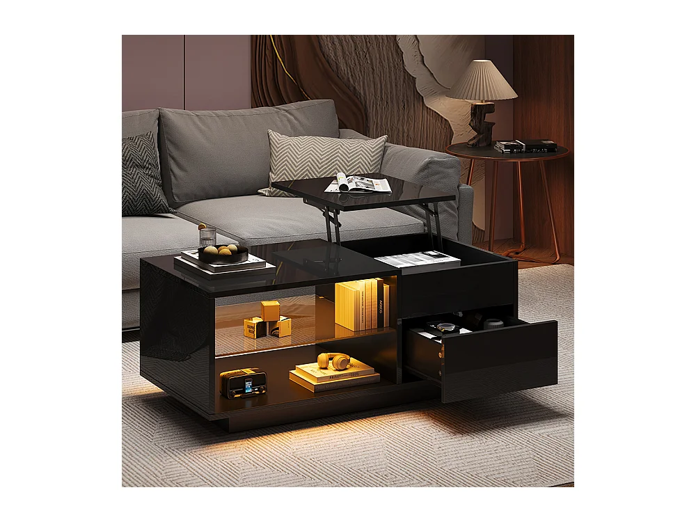 Table basse réglable LED brillante verre trempé tiroir rangement caché convertible