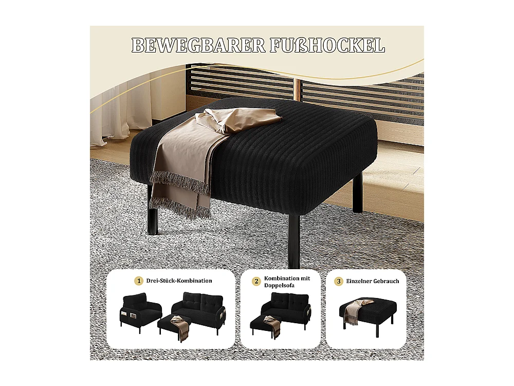 Tabouret haut de gamme velours côtelé structure métallique confort ultime polyvalent repose-pieds pouf table montage rapide noir