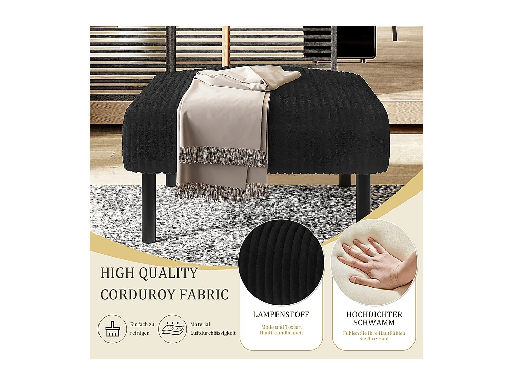 Tabouret haut de gamme velours côtelé structure métallique confort ultime polyvalent repose-pieds pouf table montage rapide noir