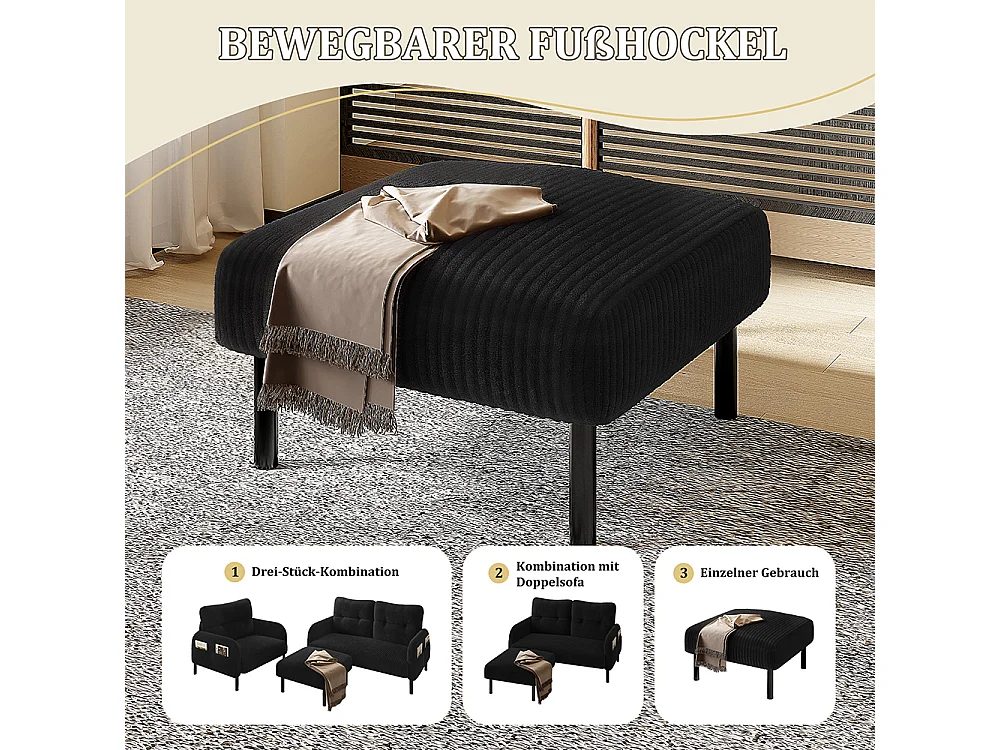 Tabouret haut de gamme velours côtelé structure métallique confort ultime polyvalent repose-pieds pouf table montage rapide noir