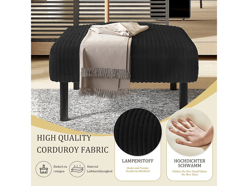 Tabouret haut de gamme velours côtelé structure métallique confort ultime polyvalent repose-pieds pouf table montage rapide noir
