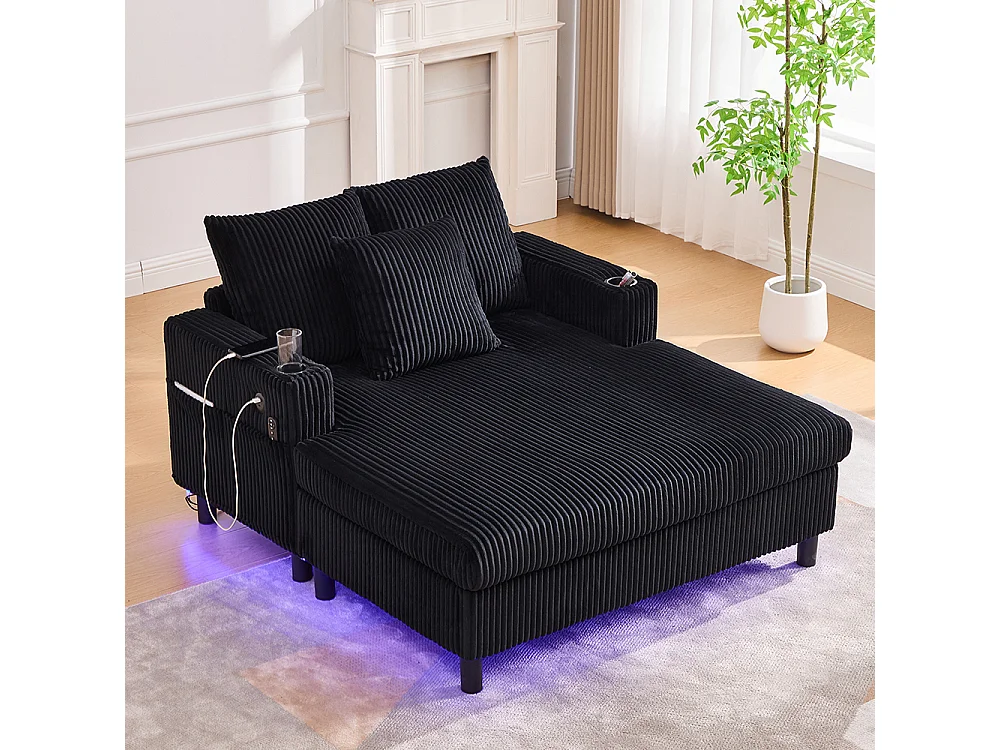 Fauteuil longue généreux moelleux porte-gobelets ports USB éclairage LED intégré salon chambre véranda noir