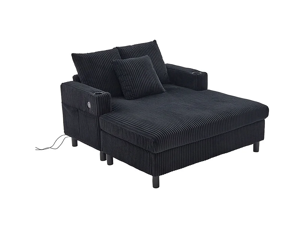 Fauteuil longue généreux moelleux porte-gobelets ports USB éclairage LED intégré salon chambre véranda noir