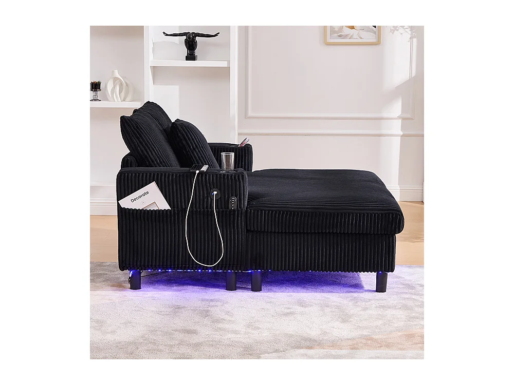 Fauteuil longue généreux moelleux porte-gobelets ports USB éclairage LED intégré salon chambre véranda noir