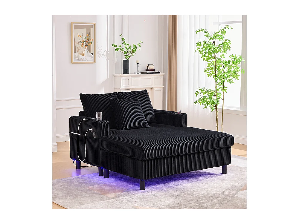 Fauteuil longue généreux moelleux porte-gobelets ports USB éclairage LED intégré salon chambre véranda noir