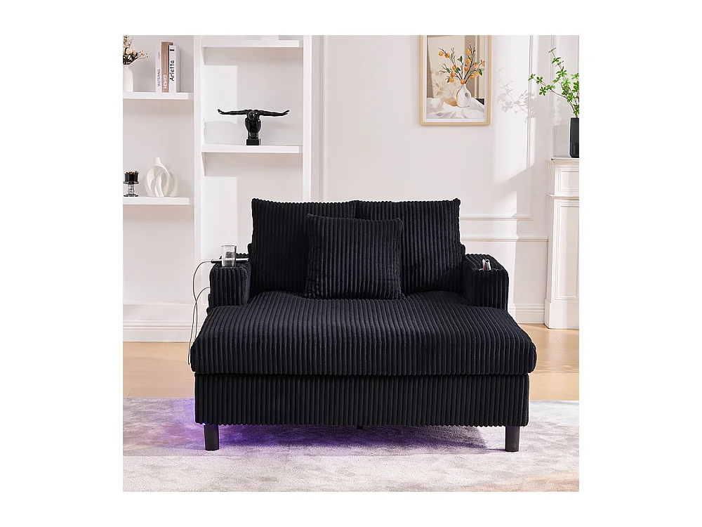 Fauteuil longue généreux moelleux porte-gobelets ports USB éclairage LED intégré salon chambre véranda noir