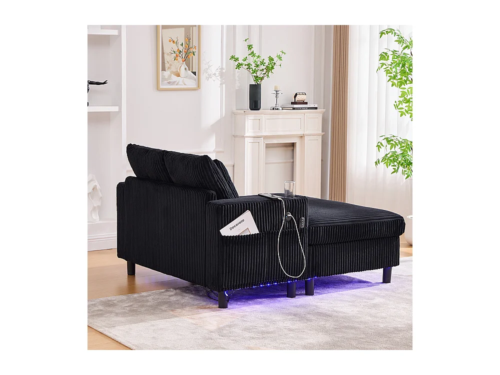 Fauteuil longue généreux moelleux porte-gobelets ports USB éclairage LED intégré salon chambre véranda noir