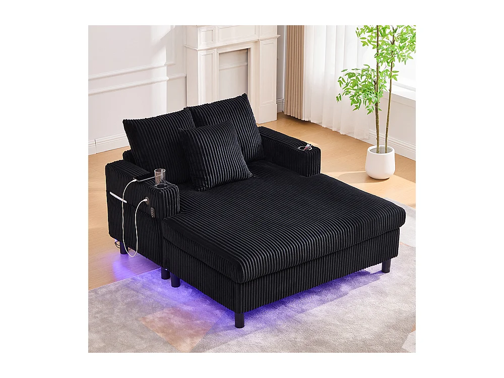 Fauteuil longue généreux moelleux porte-gobelets ports USB éclairage LED intégré salon chambre véranda noir