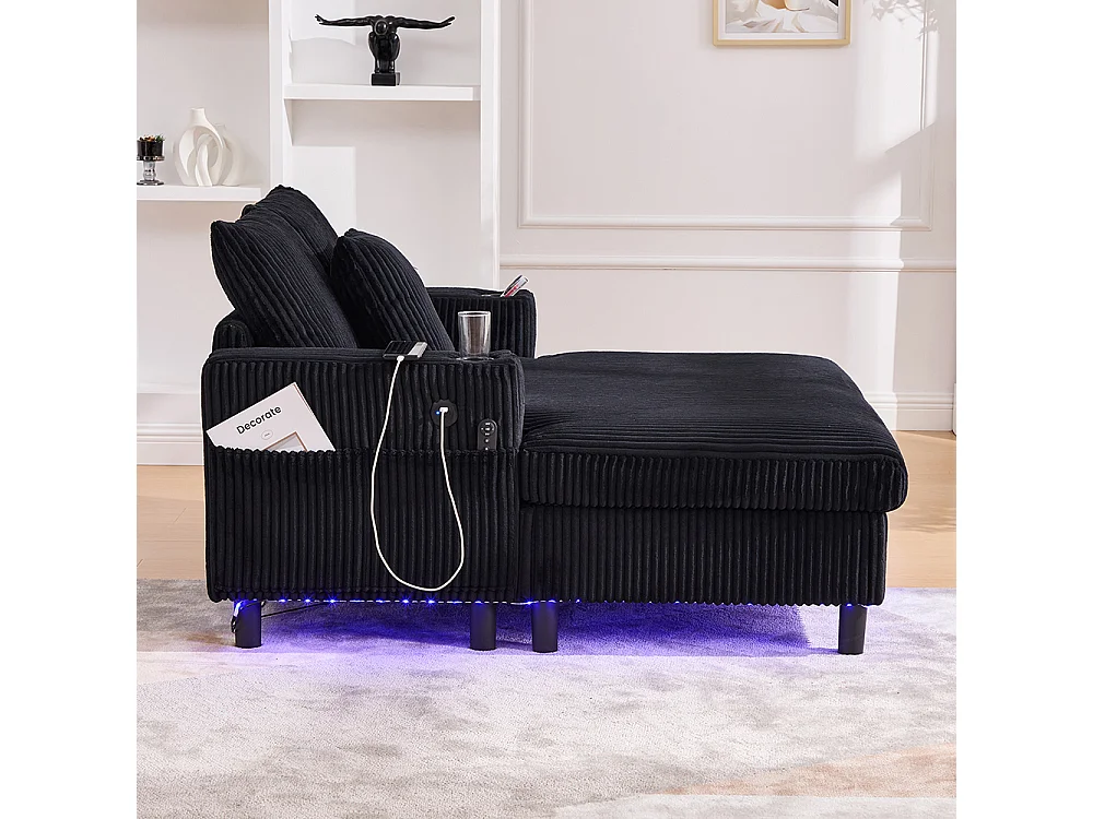 Lange zachte fauteuil met bekerhouders USB-poorten en geïntegreerde ledverlichting voor in de woonkamer slaapkamer of veranda zwart