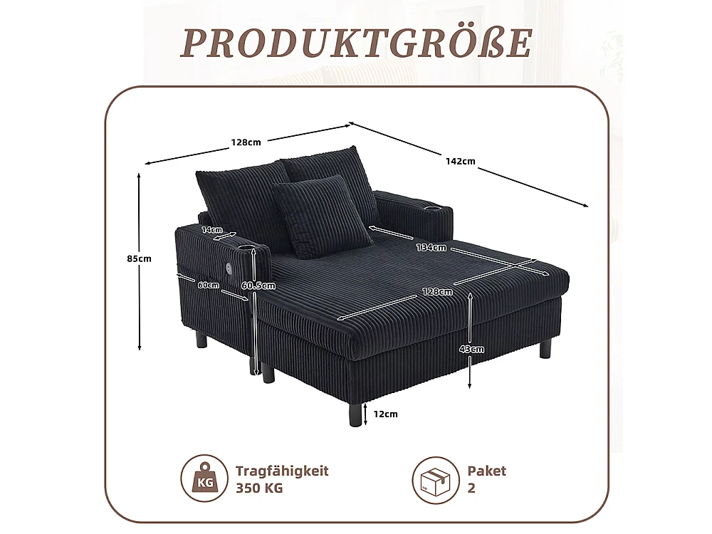 Lange zachte fauteuil met bekerhouders USB-poorten en geïntegreerde ledverlichting voor in de woonkamer slaapkamer of veranda zwart