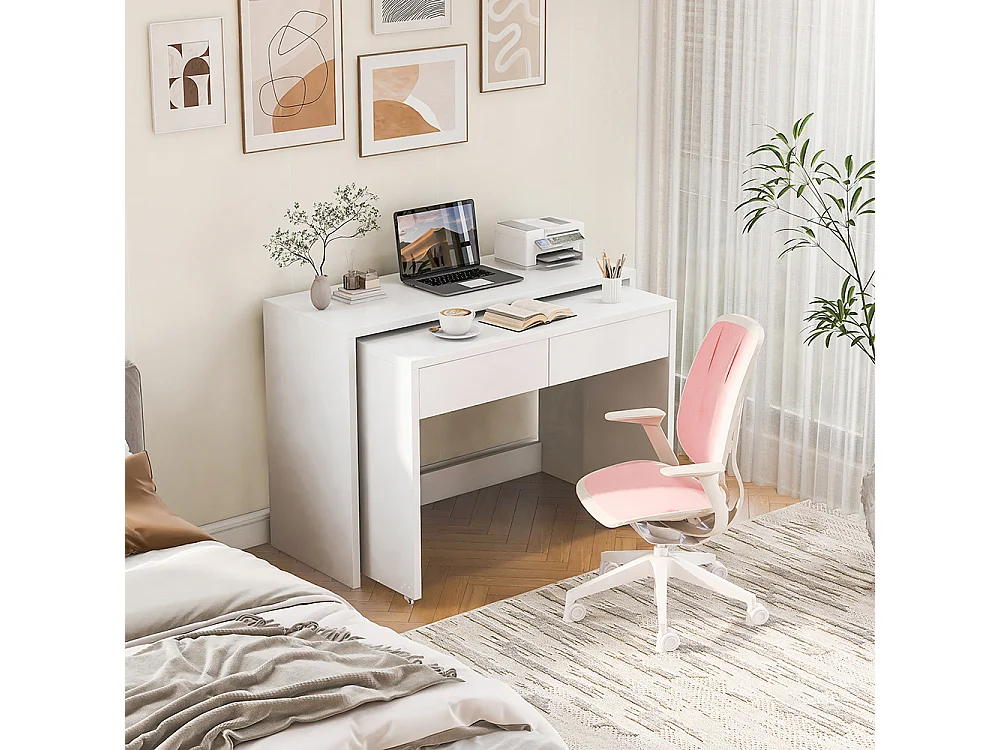 Bureau étagères commode 2 en 1 compact extensible bois roulettes combinable flexible pliable