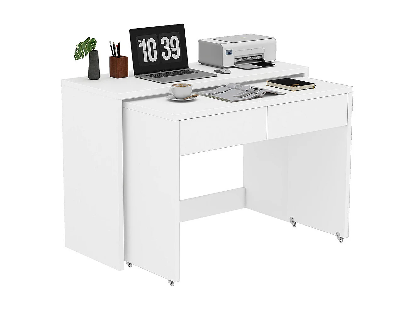 Bureau étagères commode 2 en 1 compact extensible bois roulettes combinable flexible pliable