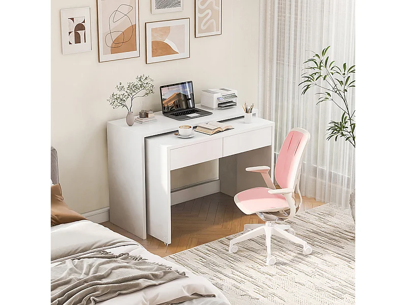 Bureau étagères commode 2 en 1 compact extensible bois roulettes combinable flexible pliable