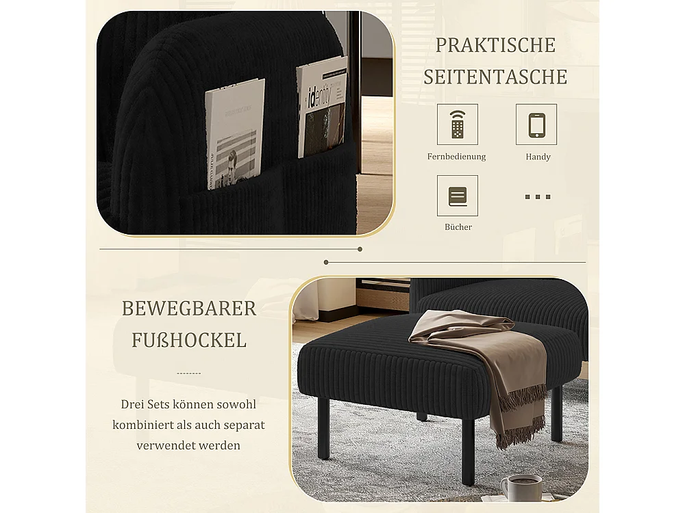 Comfortabele fluwelen fauteuil met armleuningen zijvakken stevige structuur meerdere delen woonkamer slaapkamer kantoor zwart