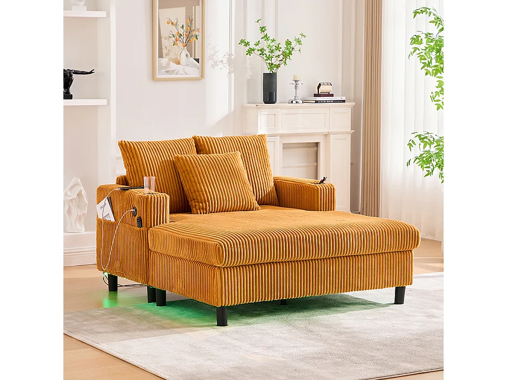 Lange zachte fauteuil met bekerhouders USB-poorten en geïntegreerde LED-verlichting voor de woonkamer of veranda mosterdgeel