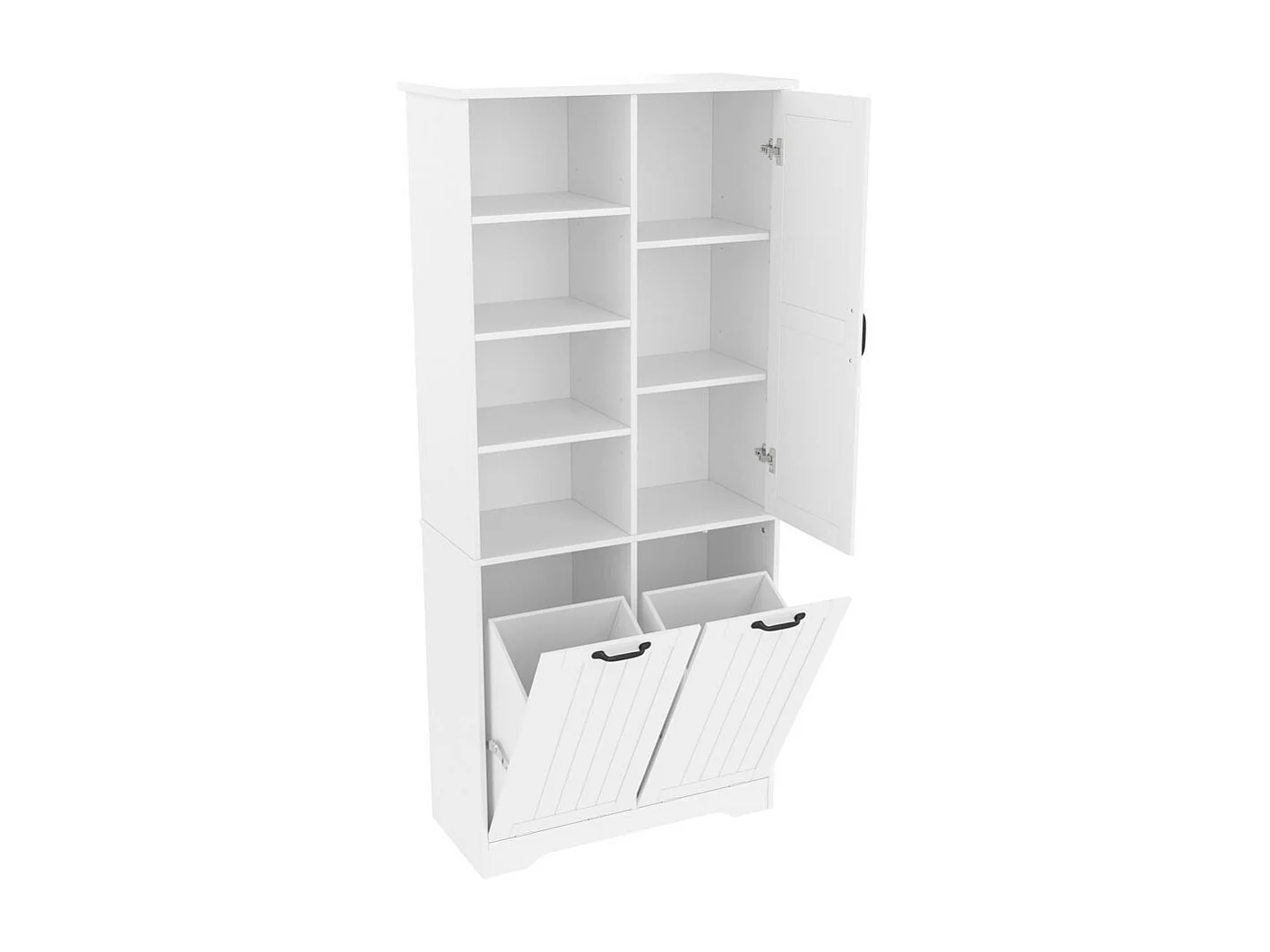 Colonne salle de bain peinture hydrofuge double panier linge quatre casiers ouverts une porte trois casiers etageres reglables grand rangement blanc