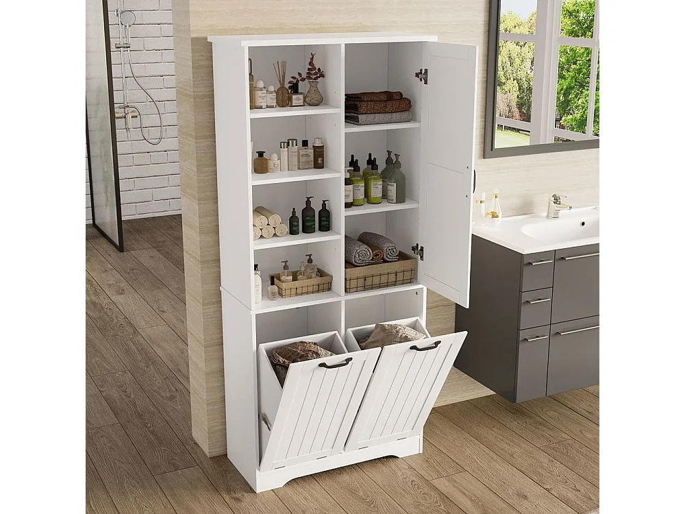 Colonne salle de bain peinture hydrofuge double panier linge quatre casiers ouverts une porte trois casiers etageres reglables grand rangement blanc